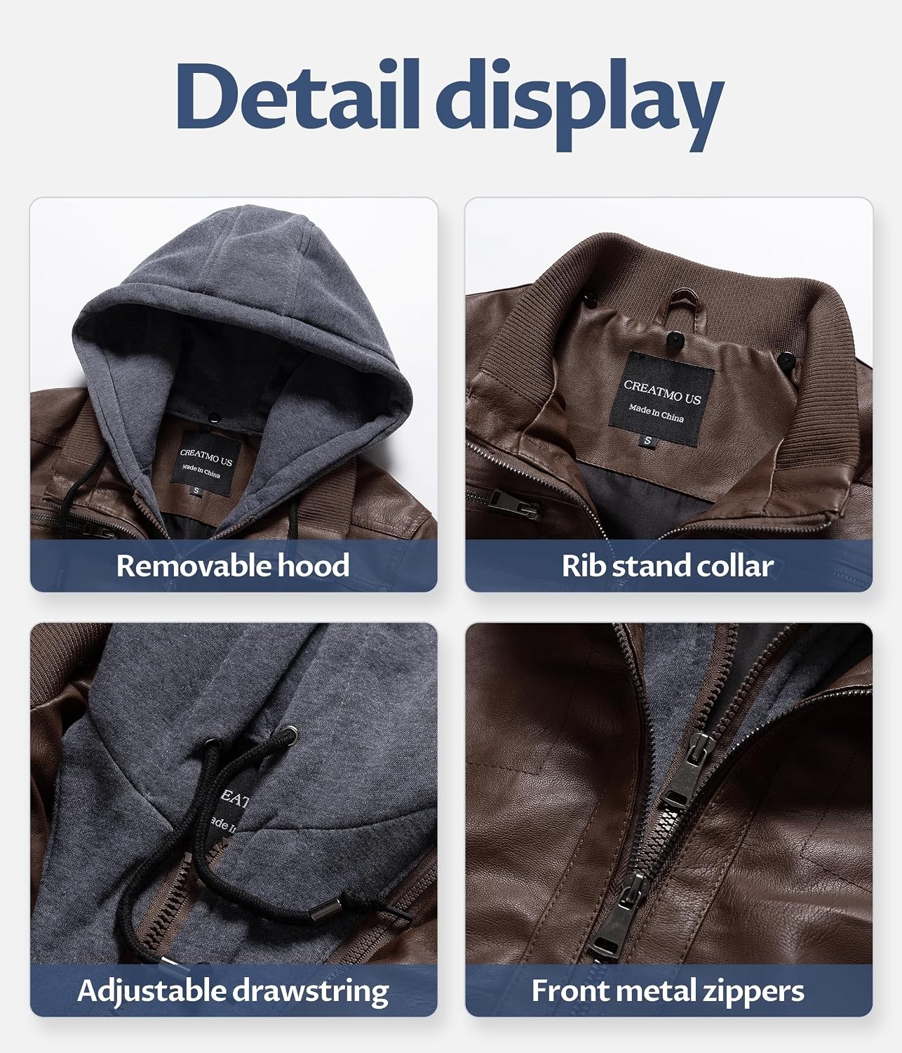 image:imageWomens Faux Leather Jacket Waterproof Motorcycle Bomber Jacket Vintage PU Moto Biker Coat With Removable HoodCoffee