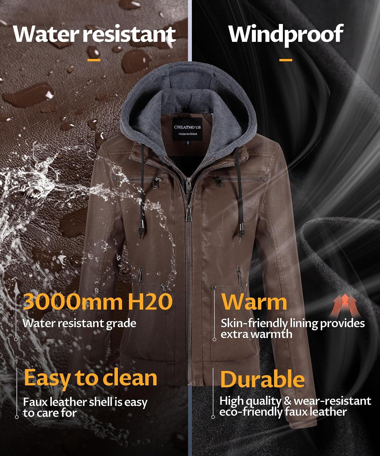 image:imageWomens Faux Leather Jacket Waterproof Motorcycle Bomber Jacket Vintage PU Moto Biker Coat With Removable HoodCoffee