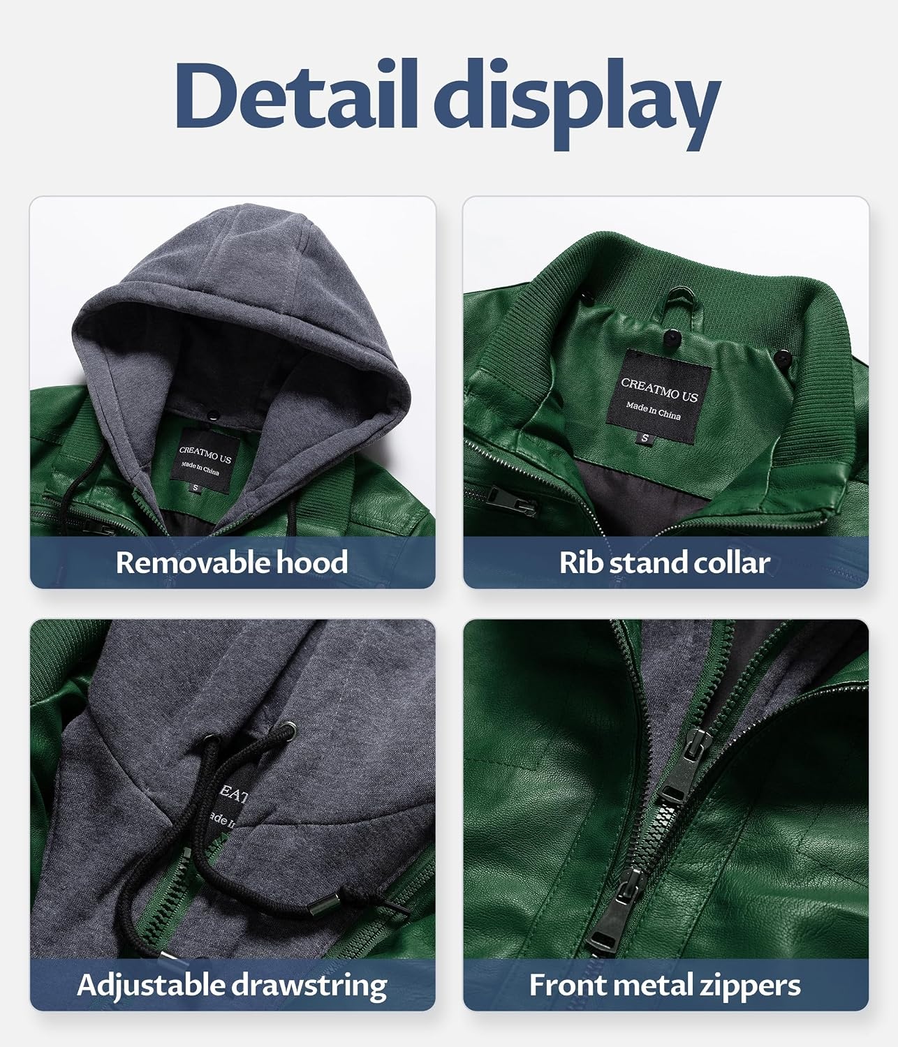 image:imageWomens Faux Leather Jacket Waterproof Motorcycle Bomber Jacket Vintage PU Moto Biker Coat With Removable HoodGreen