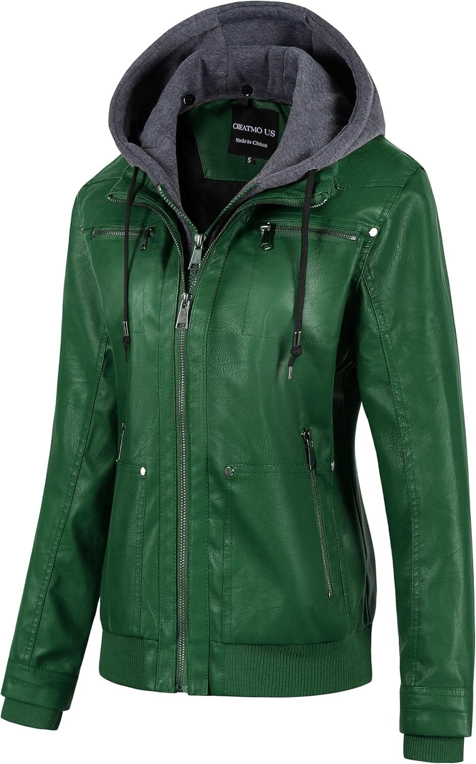 image:imageWomens Faux Leather Jacket Waterproof Motorcycle Bomber Jacket Vintage PU Moto Biker Coat With Removable HoodGreen