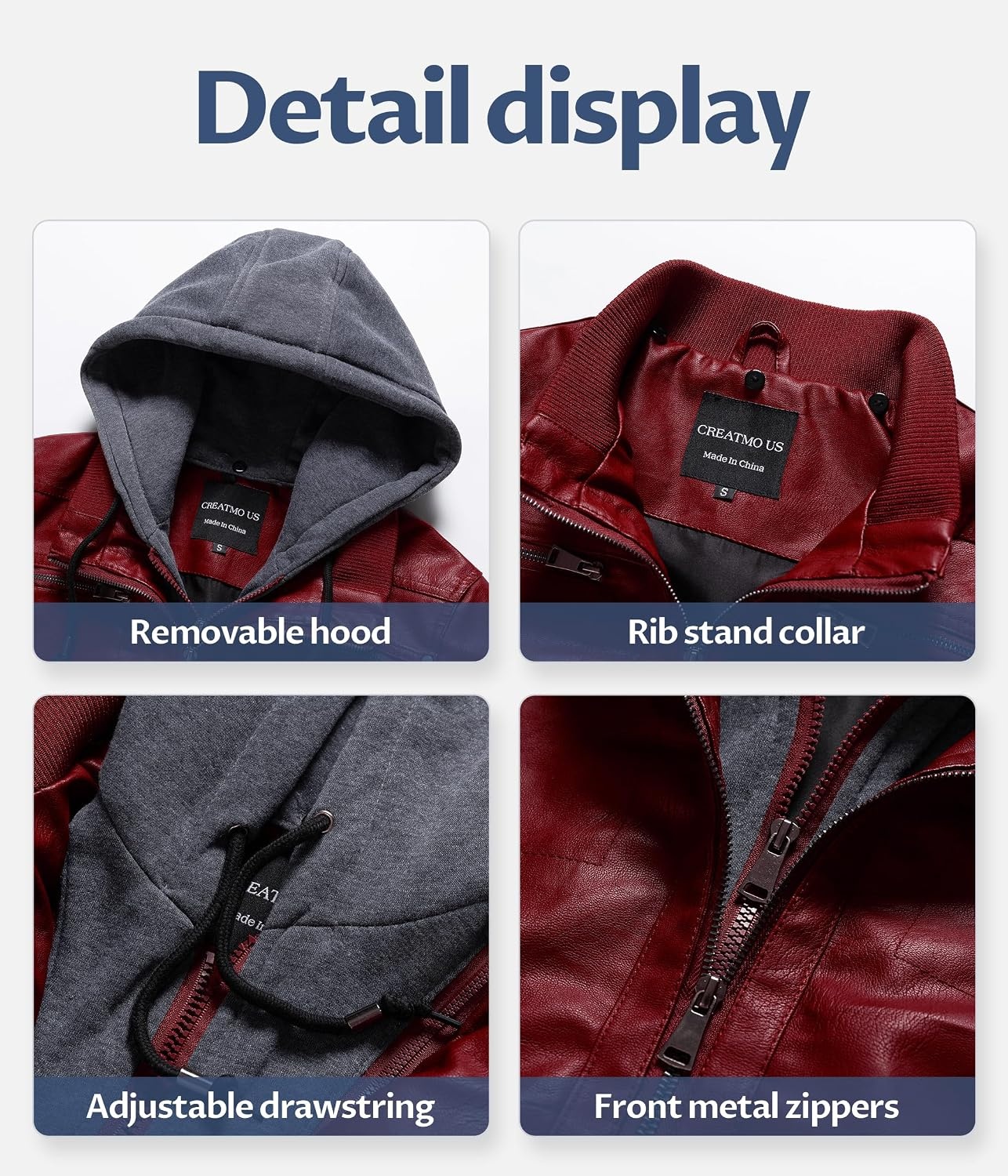 image:imageWomens Faux Leather Jacket Waterproof Motorcycle Bomber Jacket Vintage PU Moto Biker Coat With Removable HoodRed