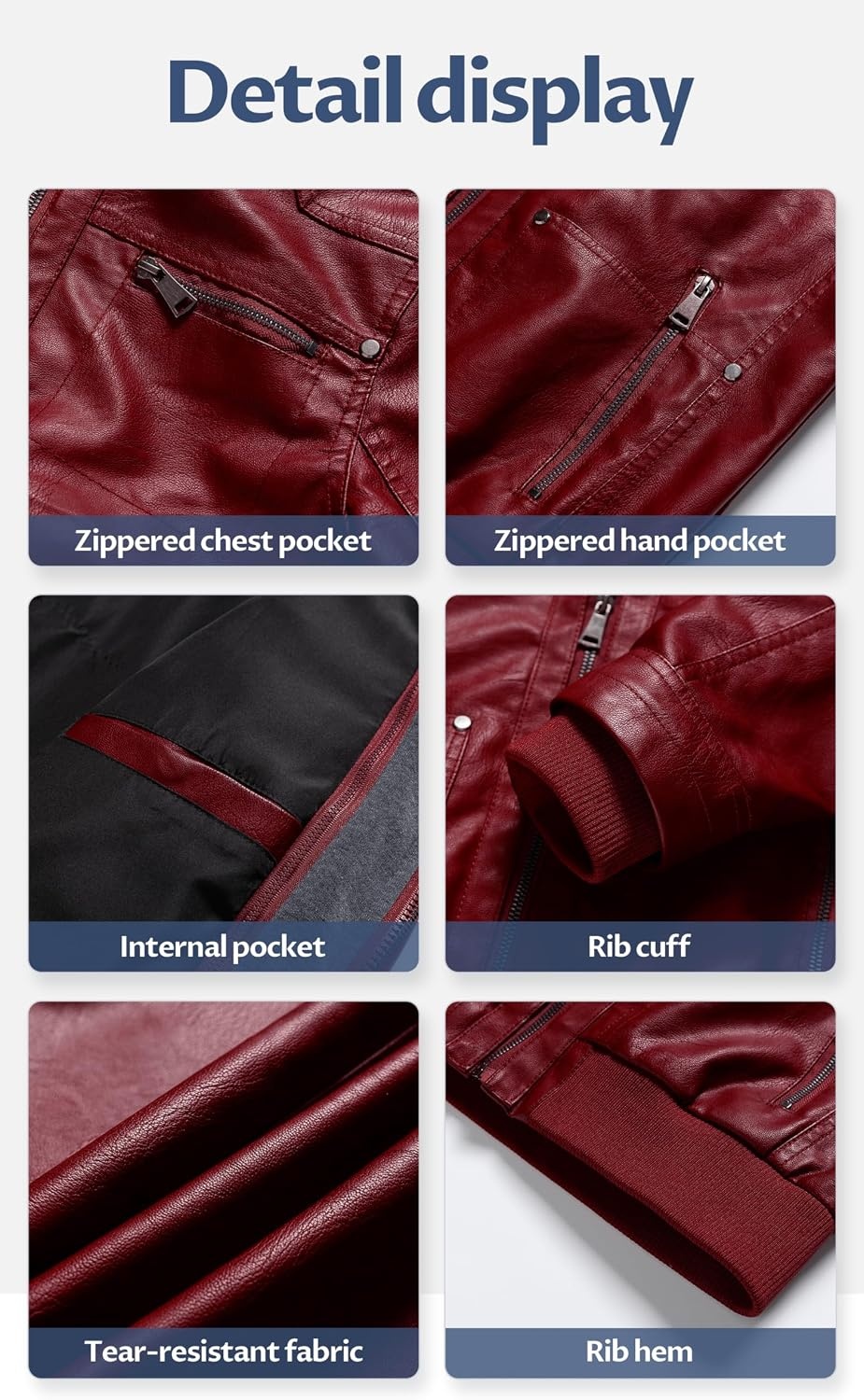 image:imageWomens Faux Leather Jacket Waterproof Motorcycle Bomber Jacket Vintage PU Moto Biker Coat With Removable HoodRed