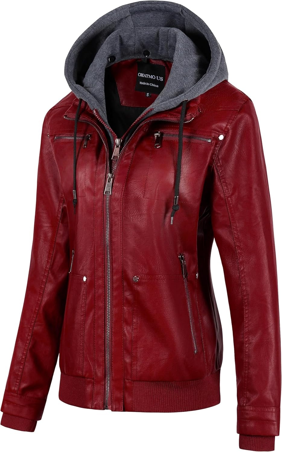 image:imageWomens Faux Leather Jacket Waterproof Motorcycle Bomber Jacket Vintage PU Moto Biker Coat With Removable HoodRed