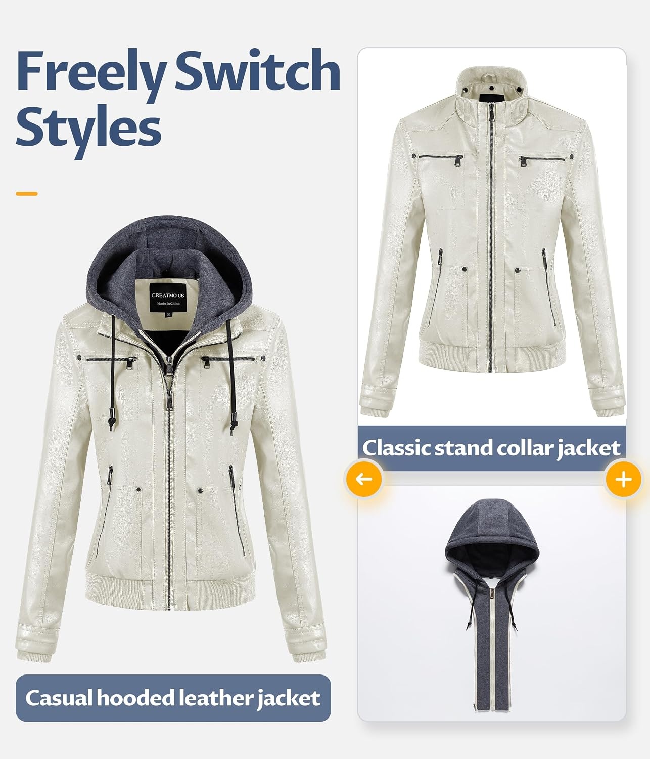image:imageWomens Faux Leather Jacket Waterproof Motorcycle Bomber Jacket Vintage PU Moto Biker Coat With Removable HoodWhite