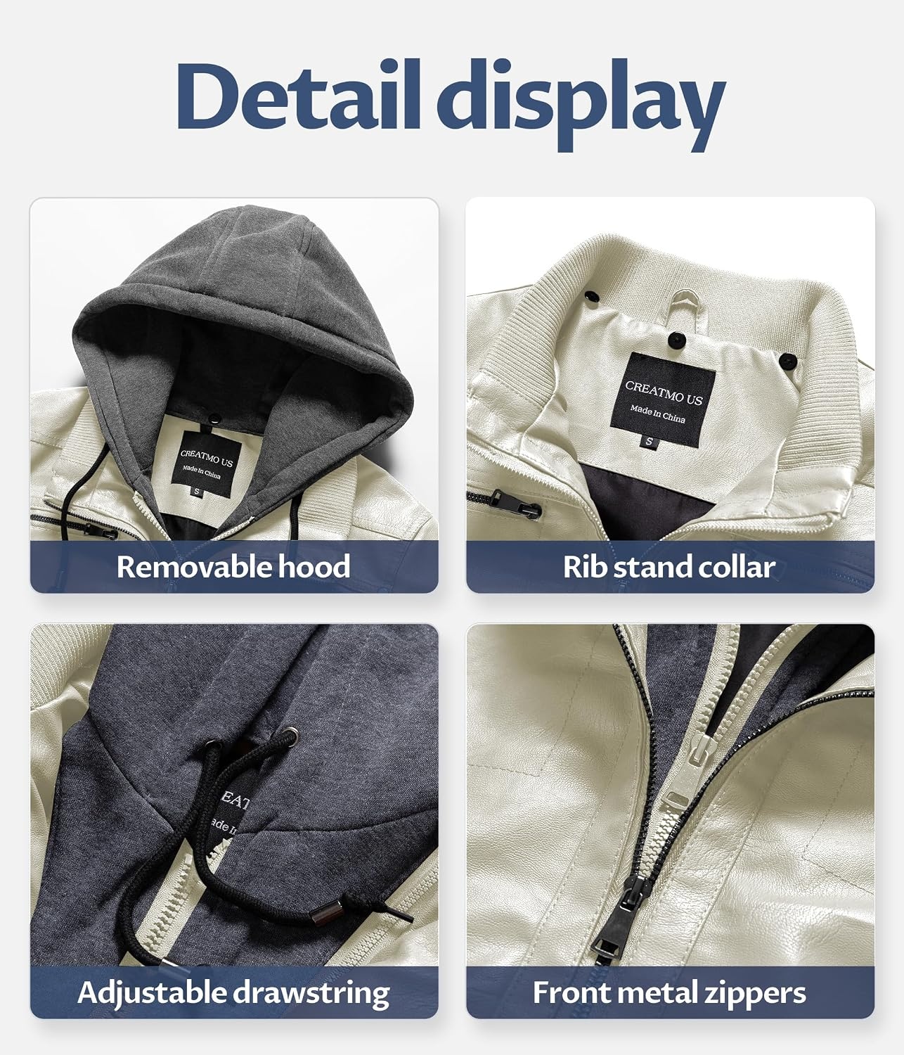 image:imageWomens Faux Leather Jacket Waterproof Motorcycle Bomber Jacket Vintage PU Moto Biker Coat With Removable HoodWhite