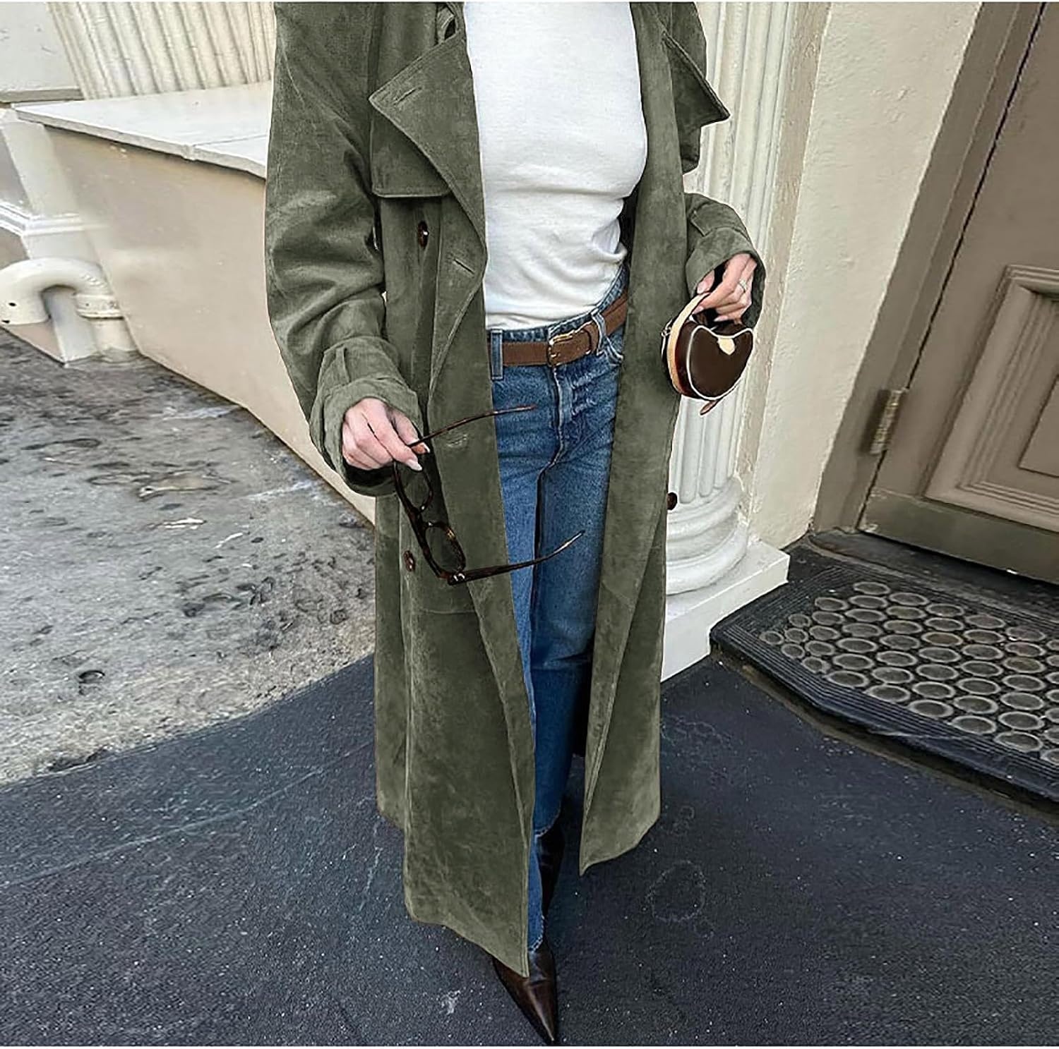 image:imageWomens Faux Suede Long Trench Coat Notched Lapel Double Breasted Pea Coat Overcoat with BeltArmy Green