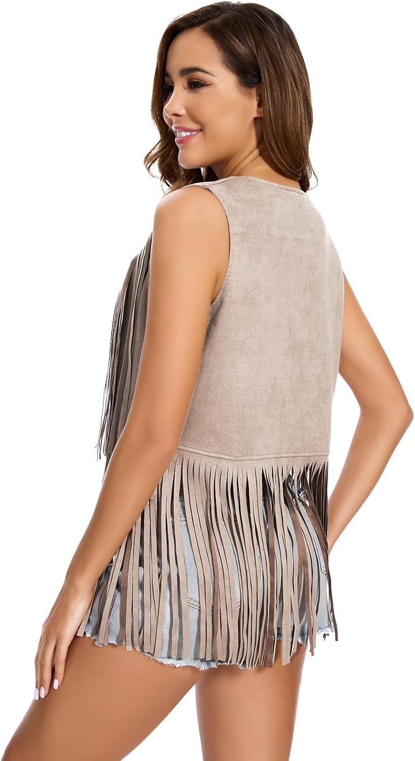 image:imageWomens Fringe Vest 60s 70s Hippie Vest Sleeveless Cowgirl Western Faux Suede Tassel Leather Jacket Hippie PartyApricot