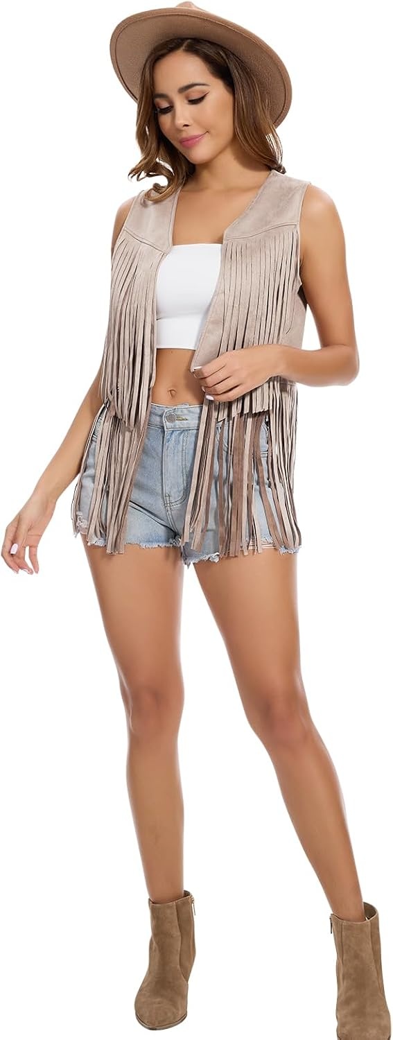 image:imageWomens Fringe Vest 60s 70s Hippie Vest Sleeveless Cowgirl Western Faux Suede Tassel Leather Jacket Hippie PartyApricot