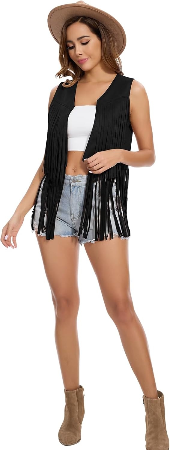 image:imageWomens Fringe Vest 60s 70s Hippie Vest Sleeveless Cowgirl Western Faux Suede Tassel Leather Jacket Hippie PartyBlack