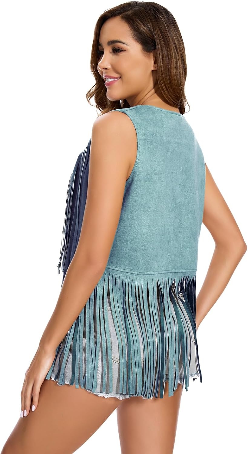 image:imageWomens Fringe Vest 60s 70s Hippie Vest Sleeveless Cowgirl Western Faux Suede Tassel Leather Jacket Hippie PartyBlue