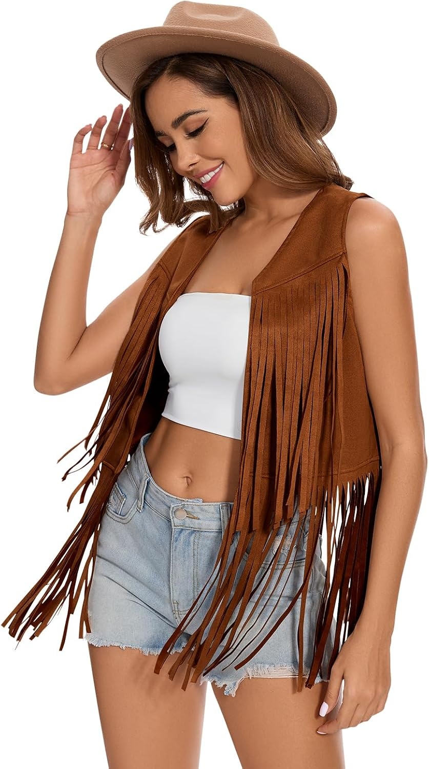 image:imageWomens Fringe Vest 60s 70s Hippie Vest Sleeveless Cowgirl Western Faux Suede Tassel Leather Jacket Hippie PartyBrown