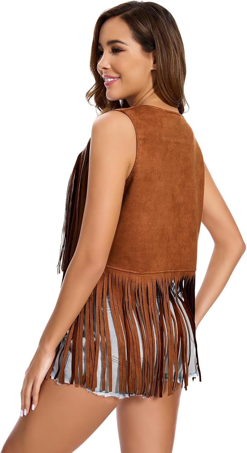 image:imageWomens Fringe Vest 60s 70s Hippie Vest Sleeveless Cowgirl Western Faux Suede Tassel Leather Jacket Hippie PartyBrown