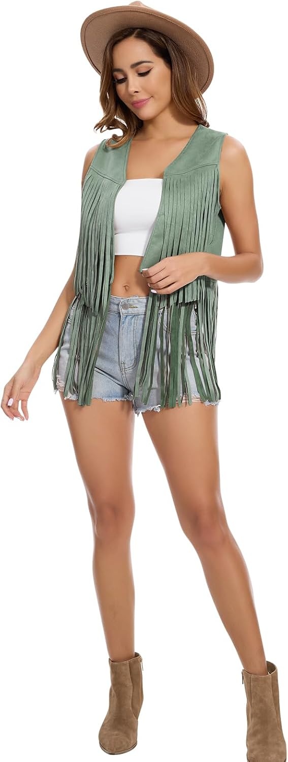 image:imageWomens Fringe Vest 60s 70s Hippie Vest Sleeveless Cowgirl Western Faux Suede Tassel Leather Jacket Hippie PartyGreen