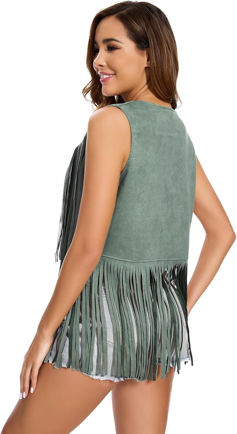 image:imageWomens Fringe Vest 60s 70s Hippie Vest Sleeveless Cowgirl Western Faux Suede Tassel Leather Jacket Hippie PartyGreen