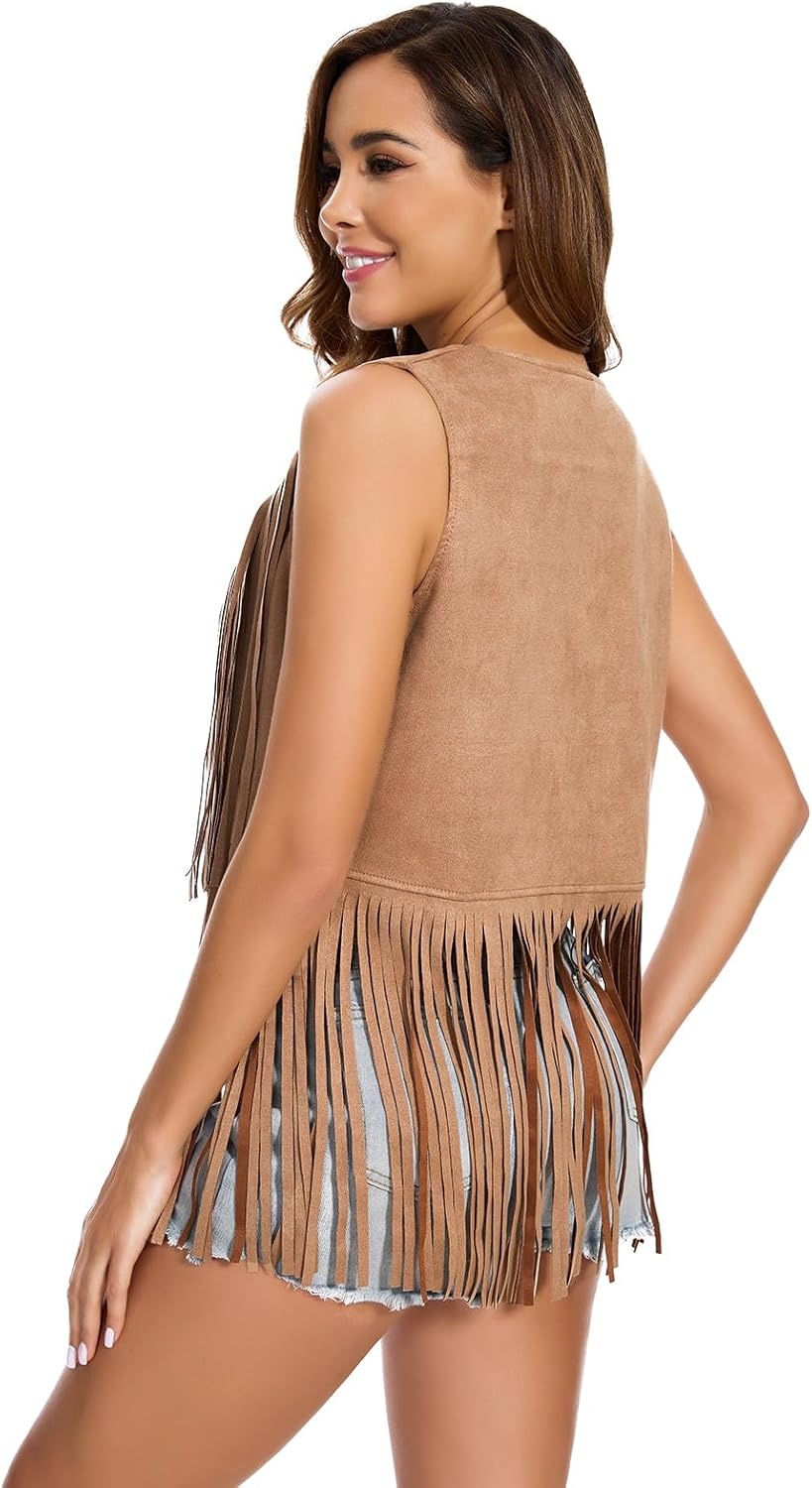 image:imageWomens Fringe Vest 60s 70s Hippie Vest Sleeveless Cowgirl Western Faux Suede Tassel Leather Jacket Hippie PartyKhaki