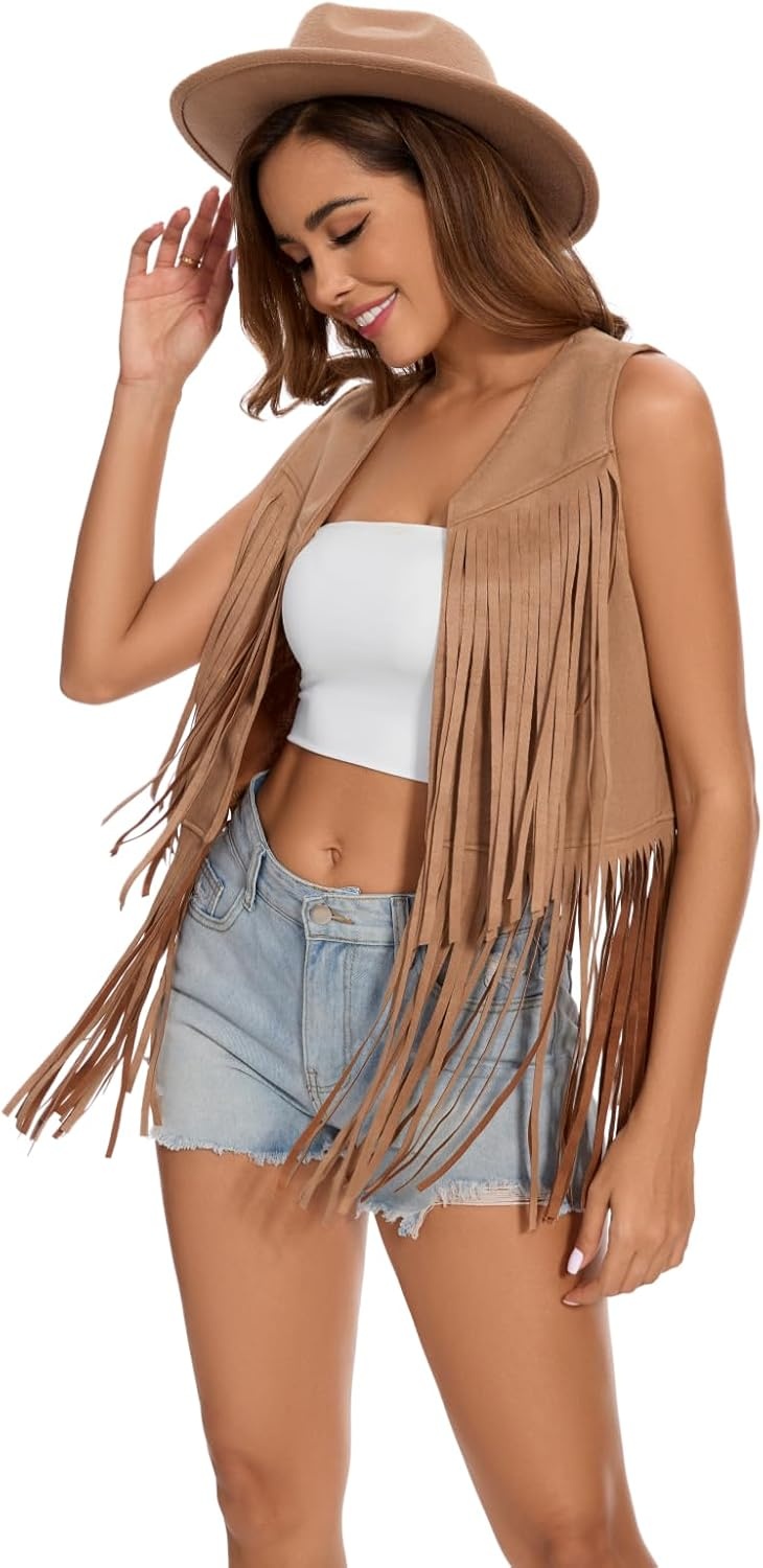 image:imageWomens Fringe Vest 60s 70s Hippie Vest Sleeveless Cowgirl Western Faux Suede Tassel Leather Jacket Hippie PartyKhaki