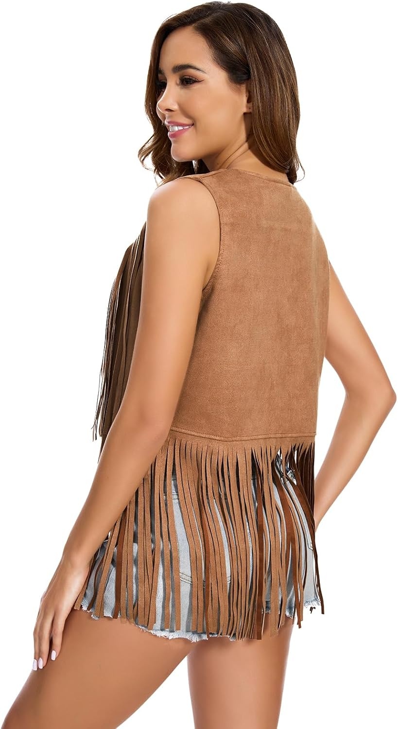 image:imageWomens Fringe Vest 60s 70s Hippie Vest Sleeveless Cowgirl Western Faux Suede Tassel Leather Jacket Hippie PartyLight Brown