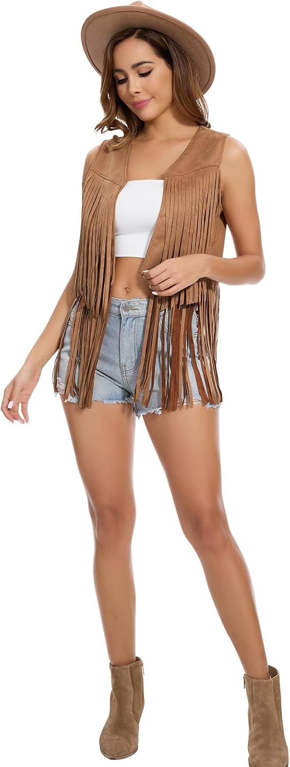 image:imageWomens Fringe Vest 60s 70s Hippie Vest Sleeveless Cowgirl Western Faux Suede Tassel Leather Jacket Hippie PartyLight Brown