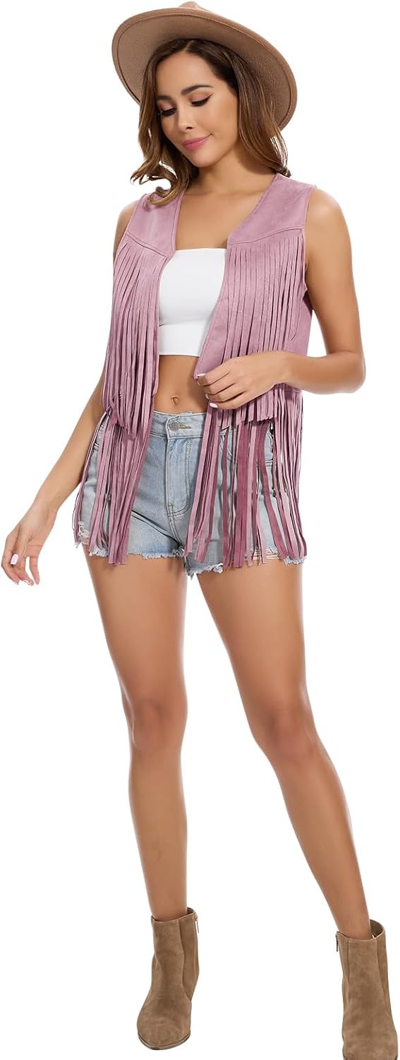 image:imageWomens Fringe Vest 60s 70s Hippie Vest Sleeveless Cowgirl Western Faux Suede Tassel Leather Jacket Hippie PartyPink