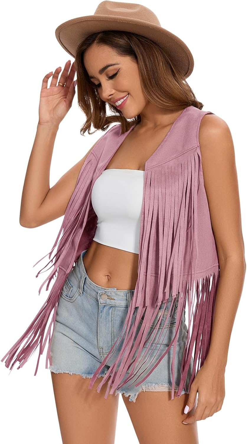 image:imageWomens Fringe Vest 60s 70s Hippie Vest Sleeveless Cowgirl Western Faux Suede Tassel Leather Jacket Hippie PartyPink
