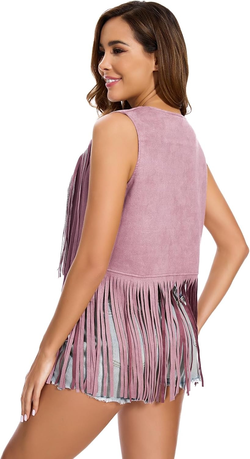image:imageWomens Fringe Vest 60s 70s Hippie Vest Sleeveless Cowgirl Western Faux Suede Tassel Leather Jacket Hippie PartyPink