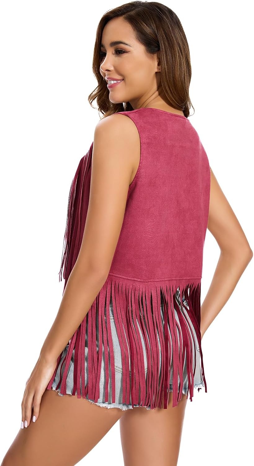image:imageWomens Fringe Vest 60s 70s Hippie Vest Sleeveless Cowgirl Western Faux Suede Tassel Leather Jacket Hippie PartyRed