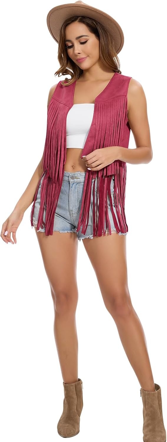 image:imageWomens Fringe Vest 60s 70s Hippie Vest Sleeveless Cowgirl Western Faux Suede Tassel Leather Jacket Hippie PartyRed