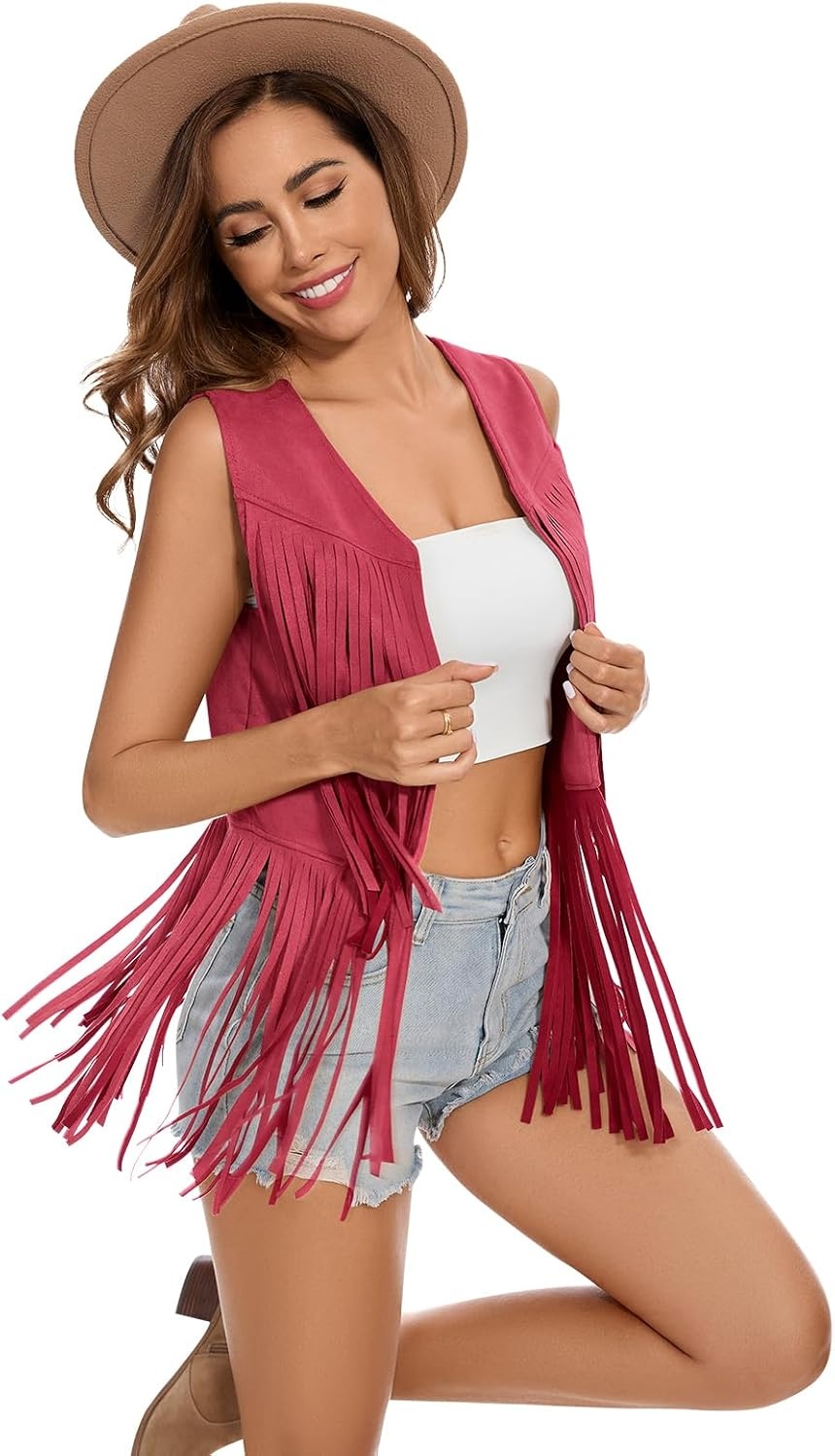 image:imageWomens Fringe Vest 60s 70s Hippie Vest Sleeveless Cowgirl Western Faux Suede Tassel Leather Jacket Hippie PartyRed