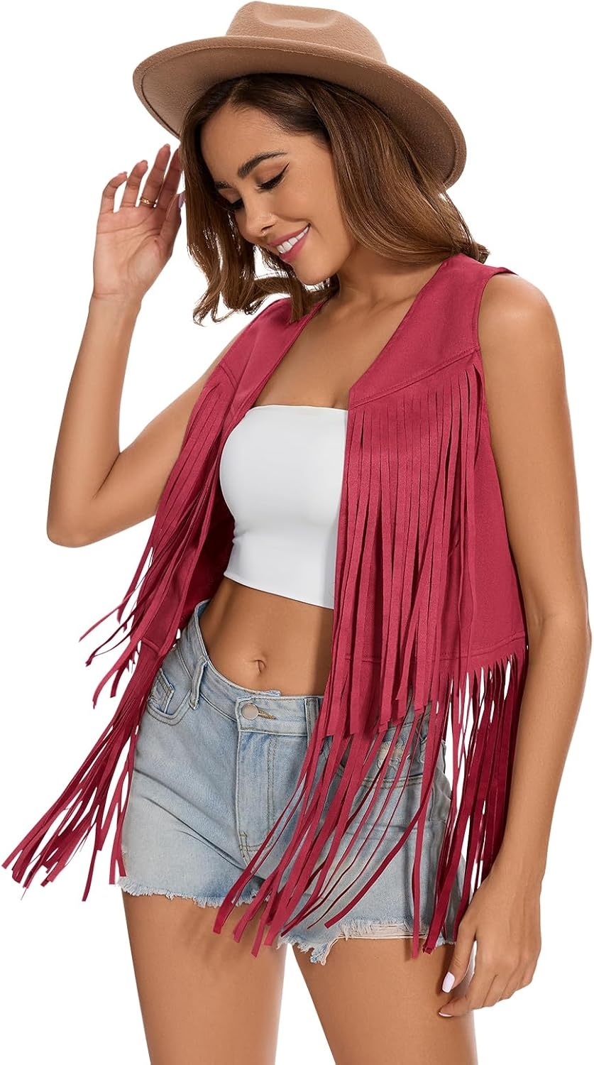 image:imageWomens Fringe Vest 60s 70s Hippie Vest Sleeveless Cowgirl Western Faux Suede Tassel Leather Jacket Hippie PartyRed