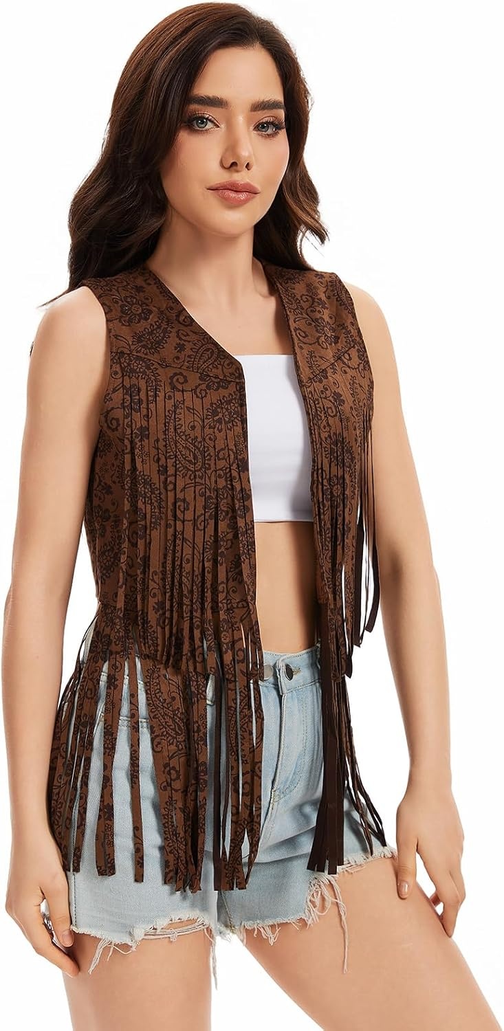 image:imageWomens Fringe Vest 60s 70s Hippie Vest Sleeveless Cowgirl Western Faux Suede Tassel Leather Jacket Hippie PartyRetro Flowers