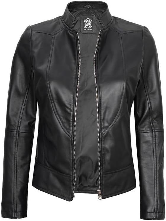 image:imageWomens Leather Jacket Real Lambskin Cafe Racer Style Leather Jackets for WomenAmy Black Leather Jacket Women