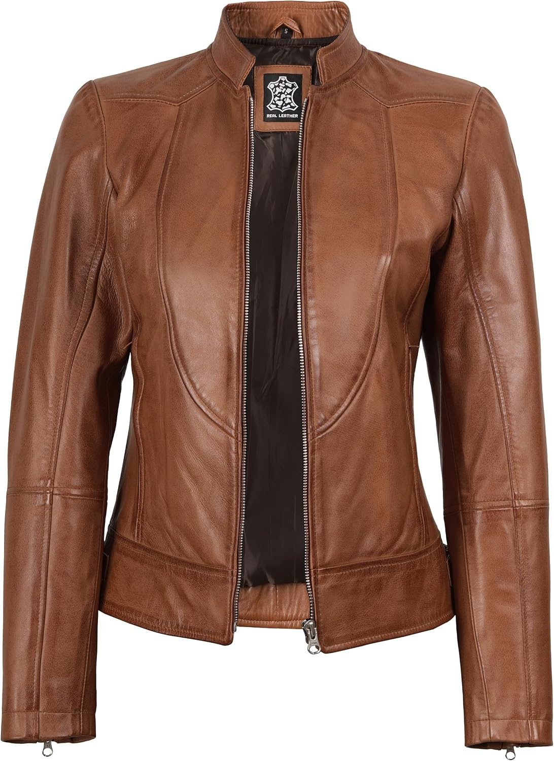 image:imageWomens Leather Jacket Real Lambskin Cafe Racer Style Leather Jackets for WomenAmy Brown Leather Jacket Women