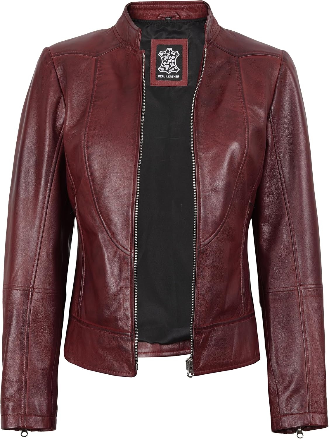image:imageWomens Leather Jacket Real Lambskin Cafe Racer Style Leather Jackets for WomenAmy Burgundy Leather Jacket Women