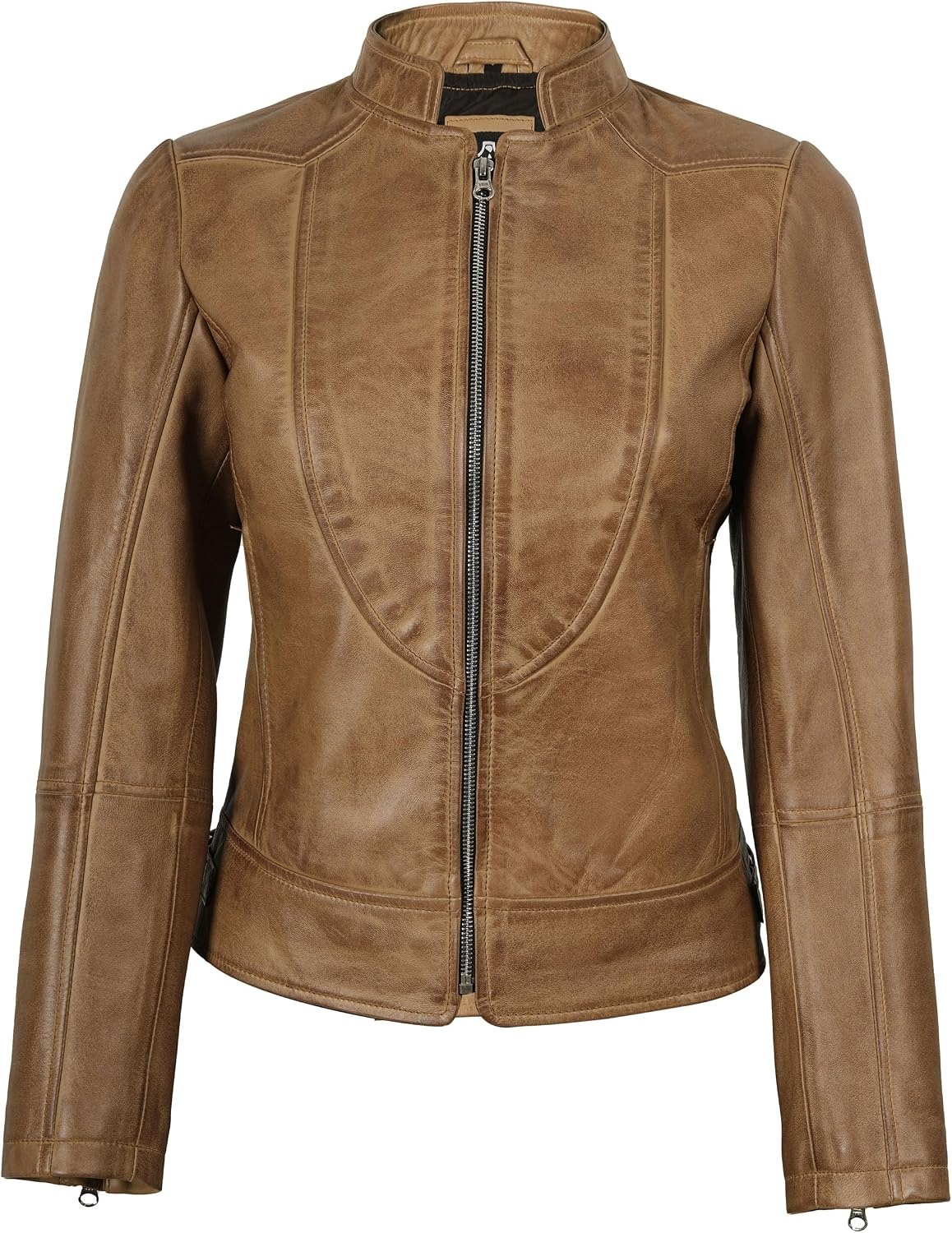 image:imageWomens Leather Jacket Real Lambskin Cafe Racer Style Leather Jackets for WomenAmy Camel Leather Jacket Women