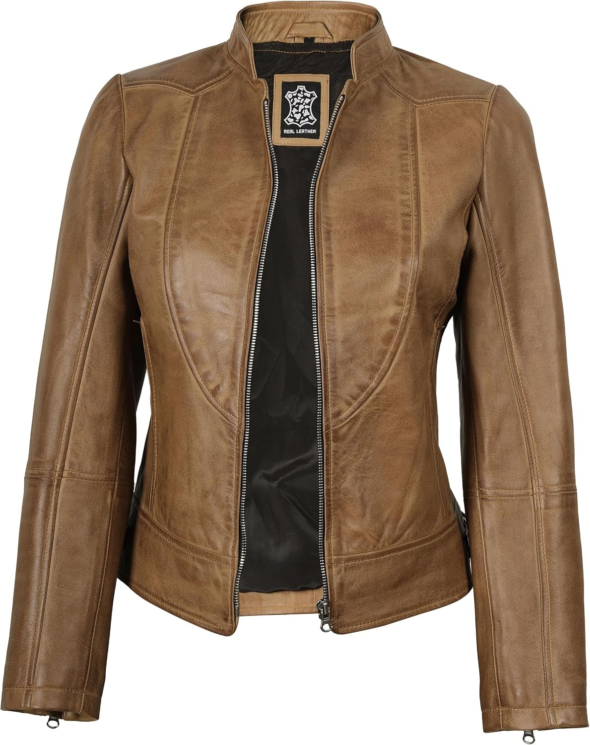 image:imageWomens Leather Jacket Real Lambskin Cafe Racer Style Leather Jackets for WomenAmy Camel Leather Jacket Women