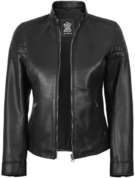 image:imageWomens Leather Jacket Real Lambskin Cafe Racer Style Leather Jackets for WomenCarrie Black Leather Jacket Women
