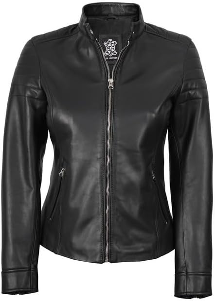 image:imageWomens Leather Jacket Real Lambskin Cafe Racer Style Leather Jackets for WomenCarrie Black Leather Jacket Women