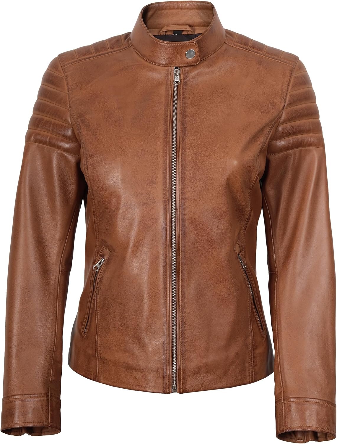 image:imageWomens Leather Jacket Real Lambskin Cafe Racer Style Leather Jackets for WomenCarrie Brown Leather Jacket Women