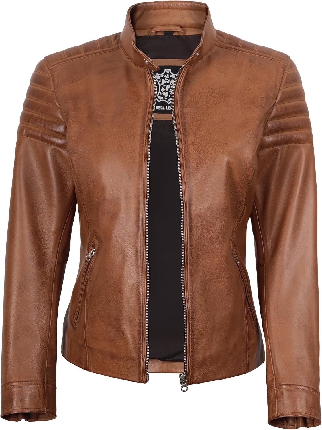 image:imageWomens Leather Jacket Real Lambskin Cafe Racer Style Leather Jackets for WomenCarrie Brown Leather Jacket Women