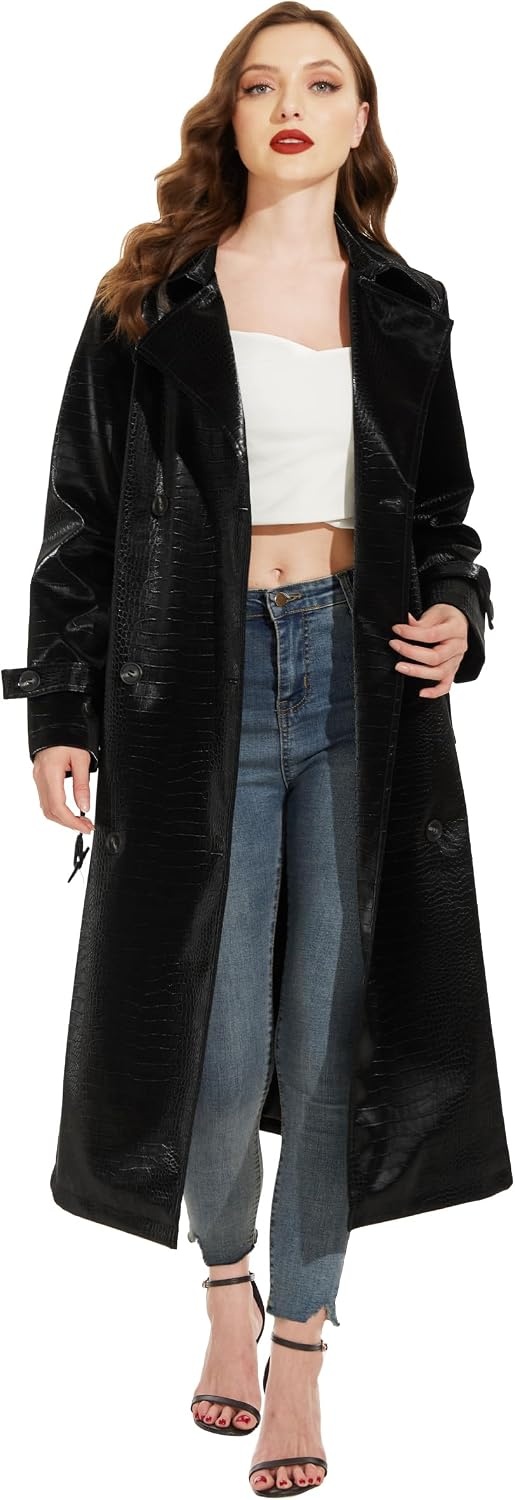 image:imageWomens Leather Trench Coat Faux Motorcycle Plus Size Moto Biker Jacket Short Lightweight Vegan Pleather FashionJet Black