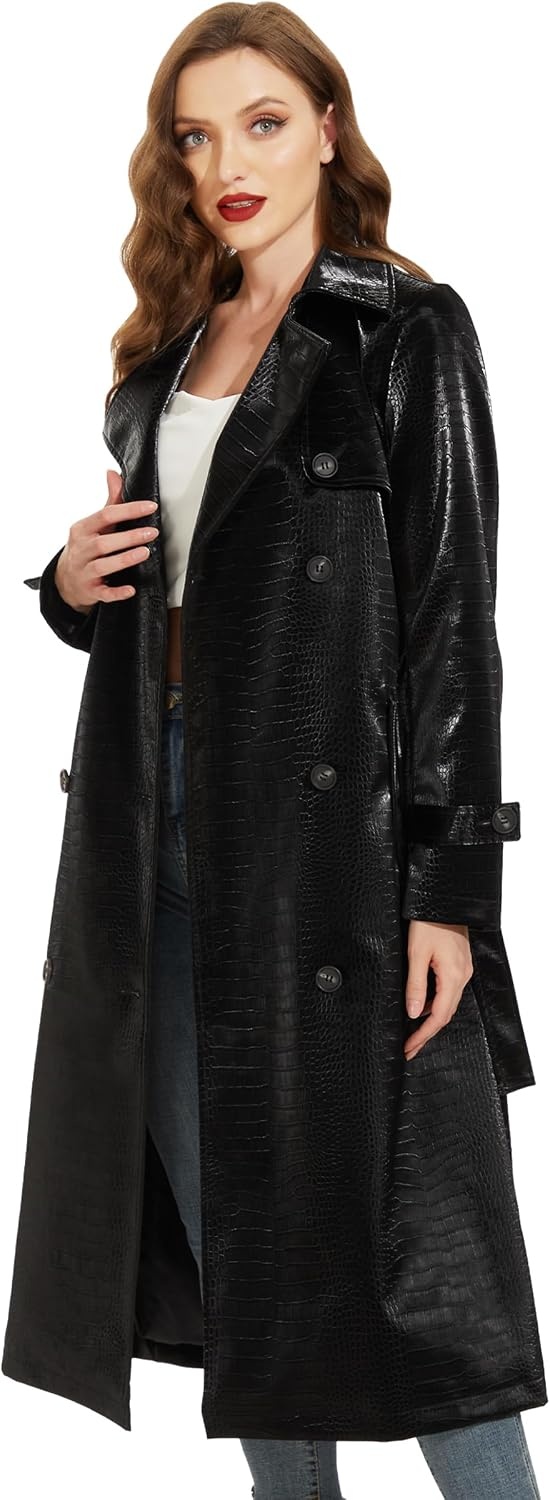 image:imageWomens Leather Trench Coat Faux Motorcycle Plus Size Moto Biker Jacket Short Lightweight Vegan Pleather FashionJet Black