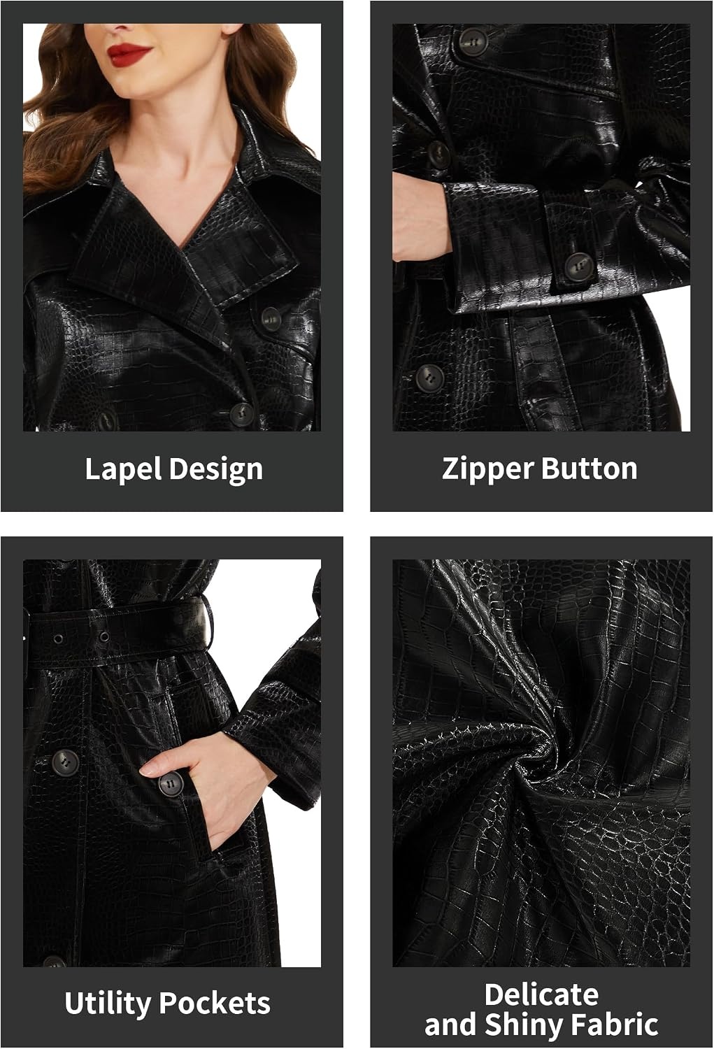 image:imageWomens Leather Trench Coat Faux Motorcycle Plus Size Moto Biker Jacket Short Lightweight Vegan Pleather FashionJet Black