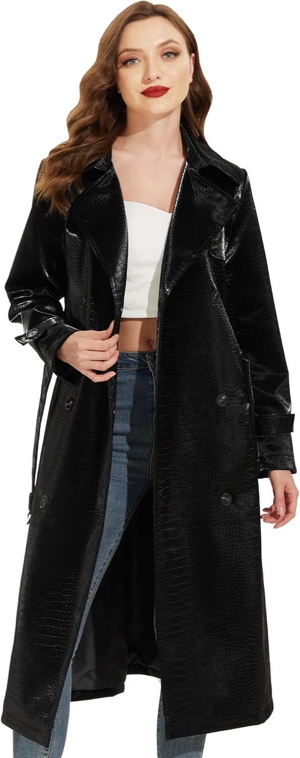 image:imageWomens Leather Trench Coat Faux Motorcycle Plus Size Moto Biker Jacket Short Lightweight Vegan Pleather FashionJet Black