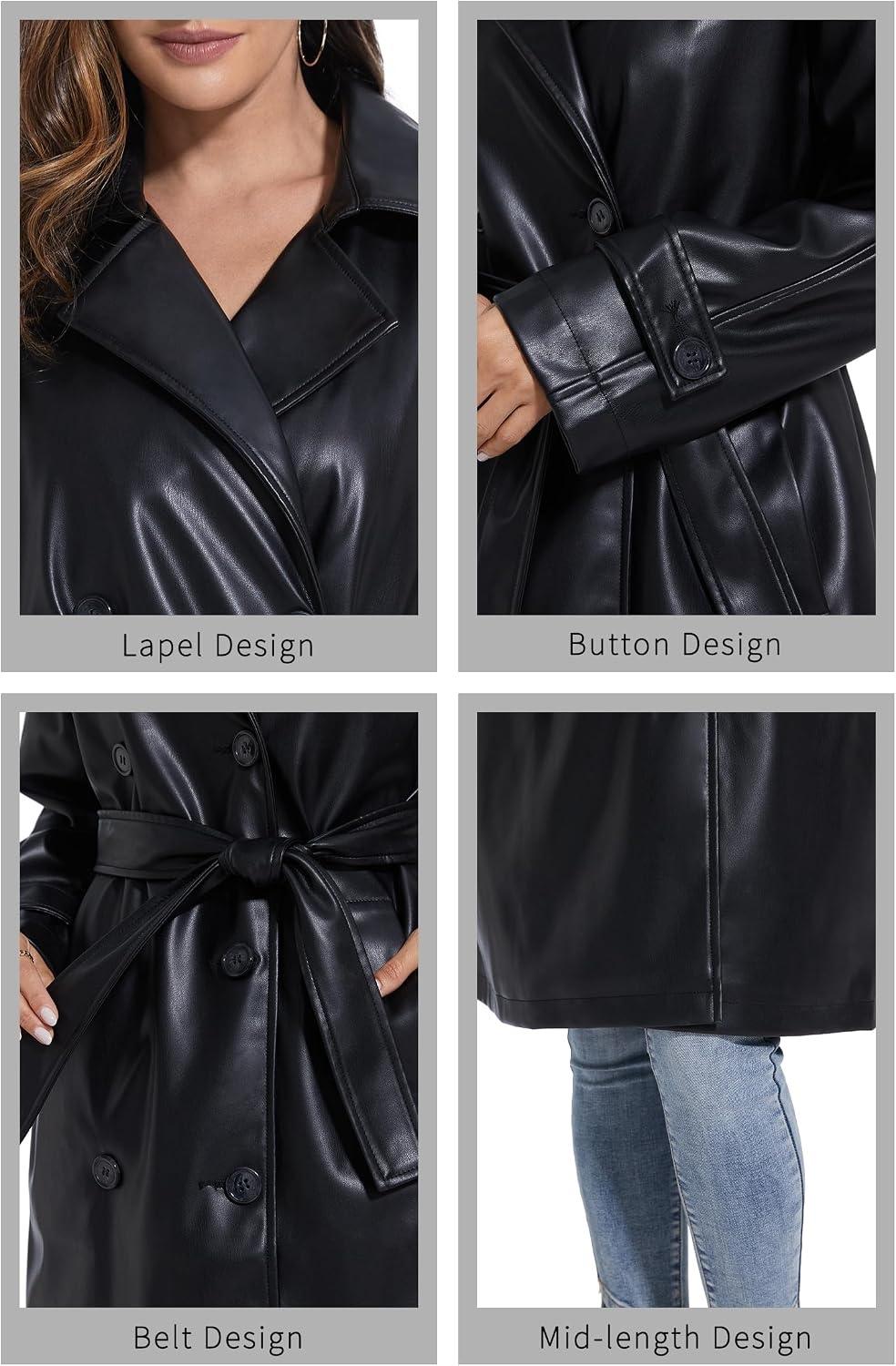 image:imageWomens Leather Trench Coat Faux Motorcycle Plus Size Moto Biker Jacket Short Lightweight Vegan Pleather FashionRaven