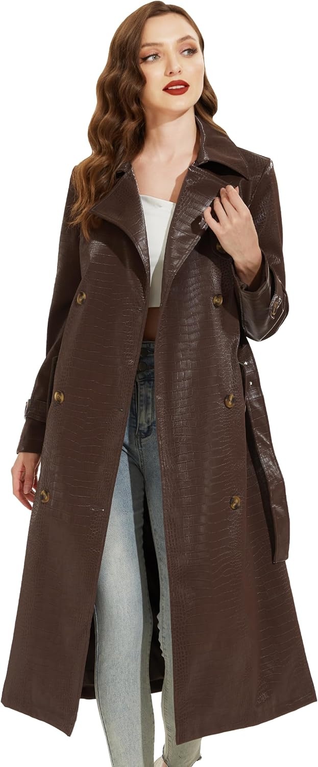 image:imageWomens Leather Trench Coat Faux Motorcycle Plus Size Moto Biker Jacket Short Lightweight Vegan Pleather FashionWine Red