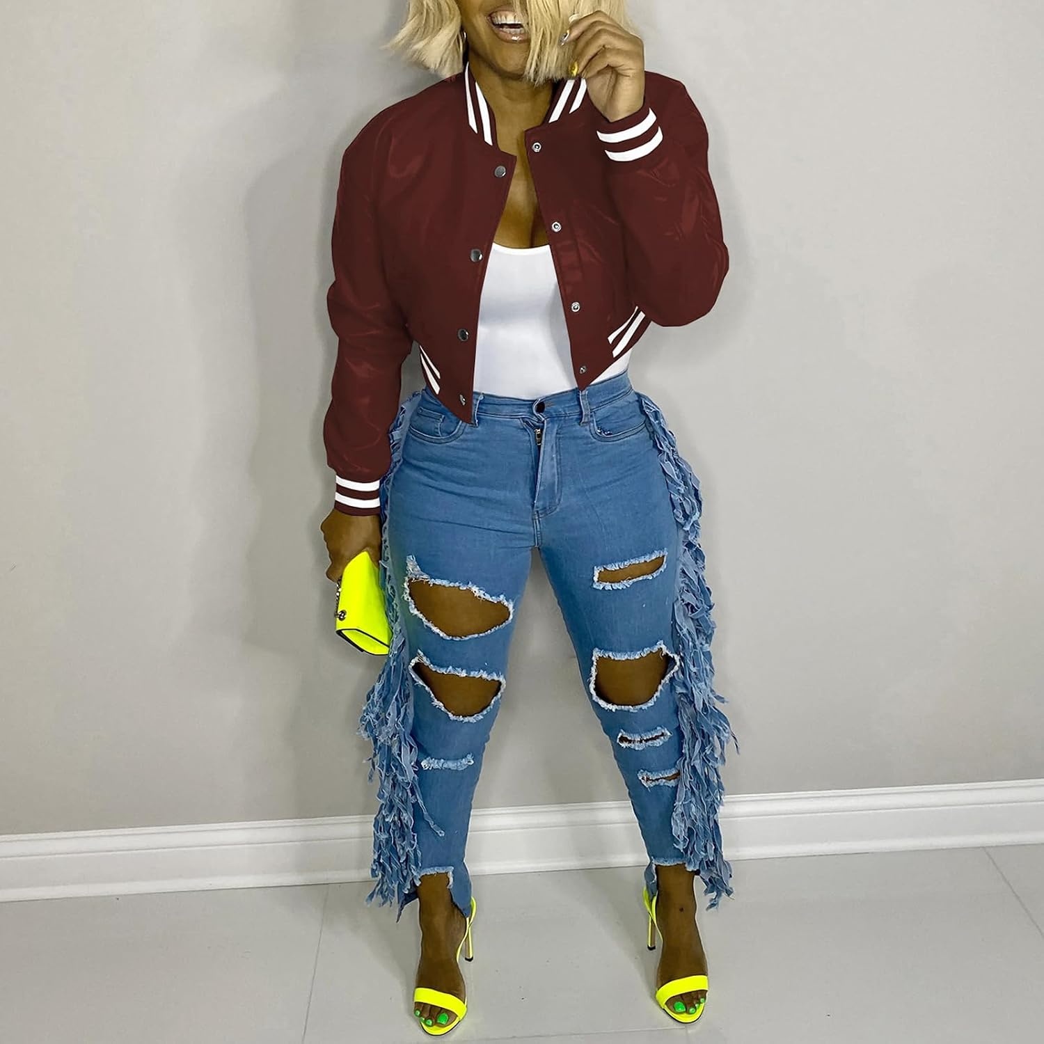 image:imageXaspee Varsity Bomber Jacket Women Causal Baseball Crop Top Letterman Faux Leather Snap Button Sports Outwear JacketsBurgundy