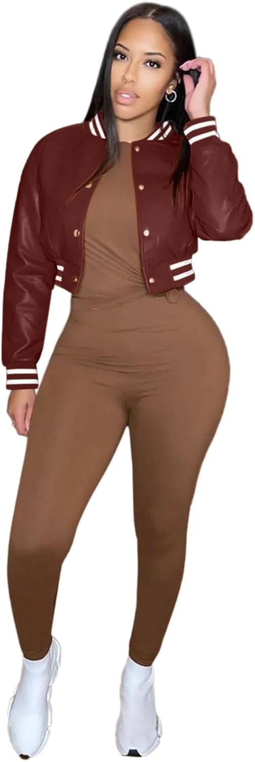 image:imageXaspee Varsity Bomber Jacket Women Causal Baseball Crop Top Letterman Faux Leather Snap Button Sports Outwear JacketsBurgundy