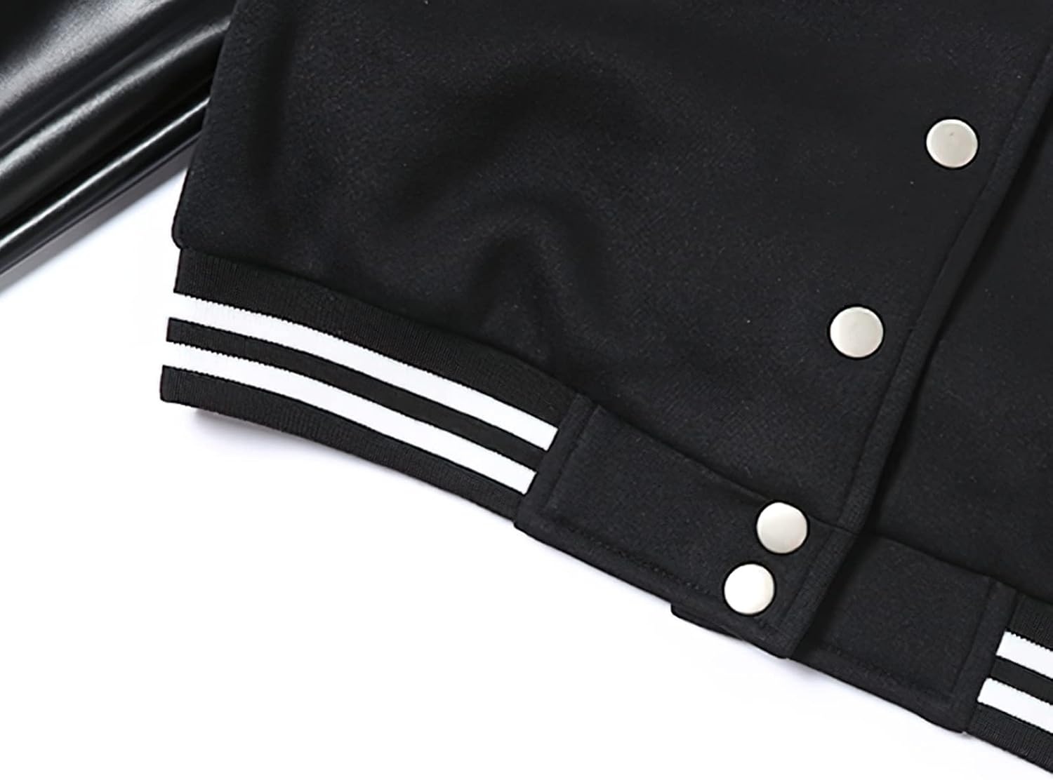 image:imageXaspee Womens Casual Baseball Jacket Faux Leather Colorblock Button Crop Bomber JacketBlack