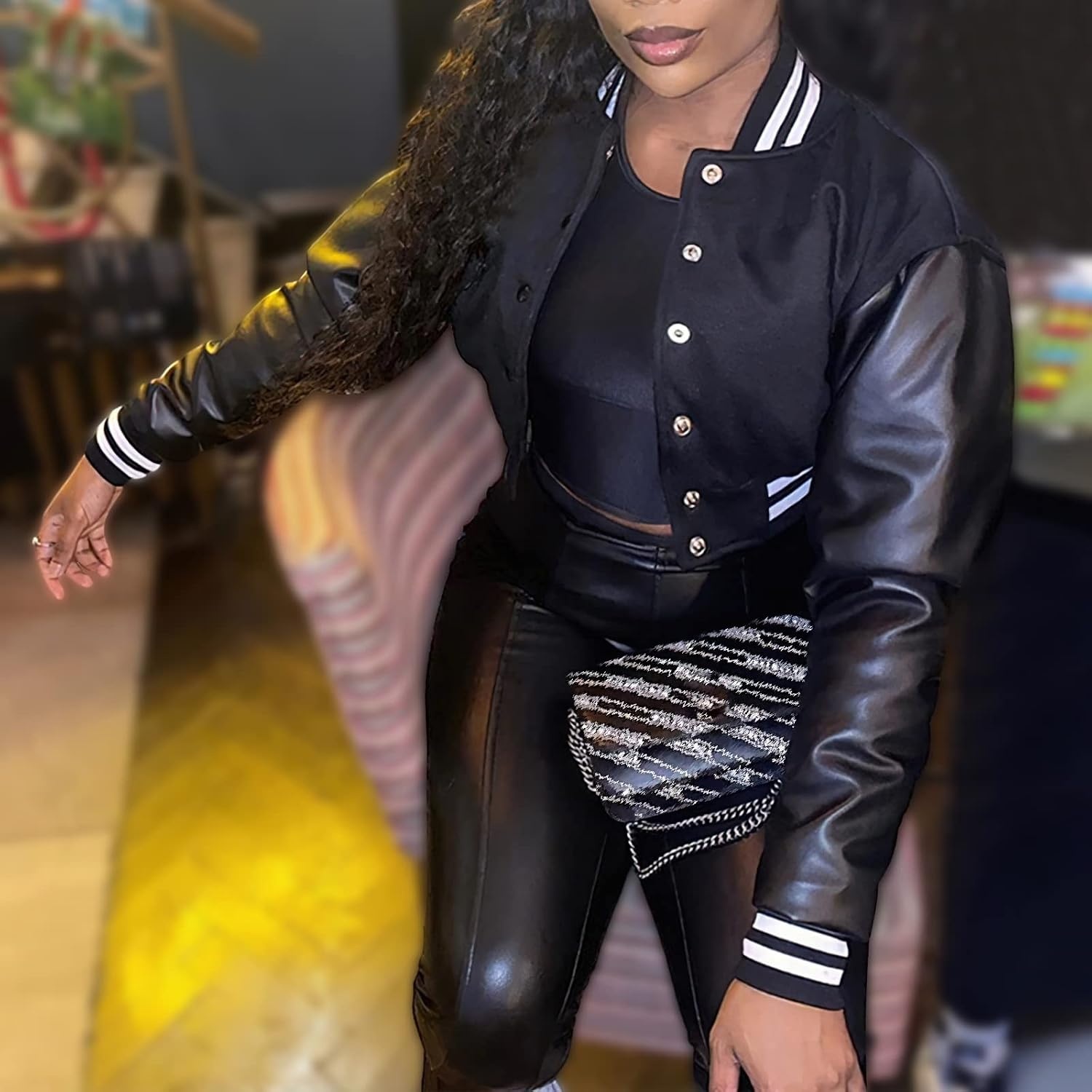 image:imageXaspee Womens Casual Baseball Jacket Faux Leather Colorblock Button Crop Bomber JacketBlack