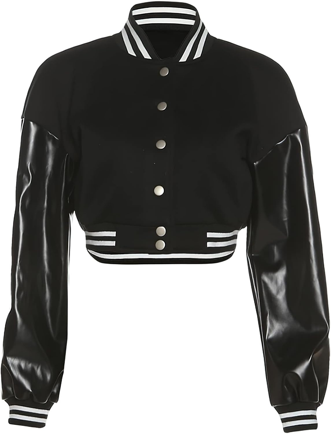 image:imageXaspee Womens Casual Baseball Jacket Faux Leather Colorblock Button Crop Bomber JacketBlack